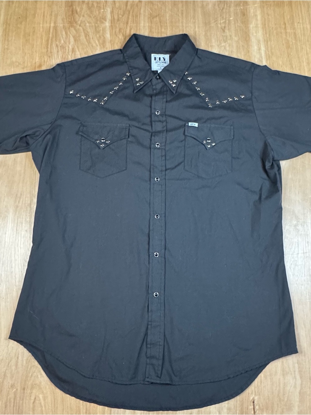 Ely Cattleman Mens Black Studded Pearl Snap Western Short Sleeve Button Up L.